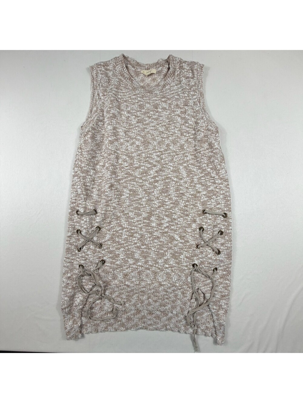 Oddy Sleeveless Knit Tunic Dress with Lace-Up Detail in Beige and White